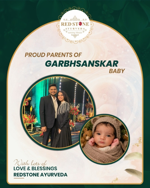 Happy parents with newborn baby blessed through Red Stone Ayurveda Garbhsanskar care