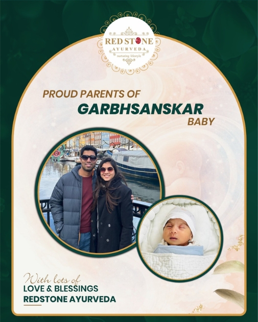 Smiling parents and newborn baby featured in Red Stone Ayurveda Garbhsanskar success story