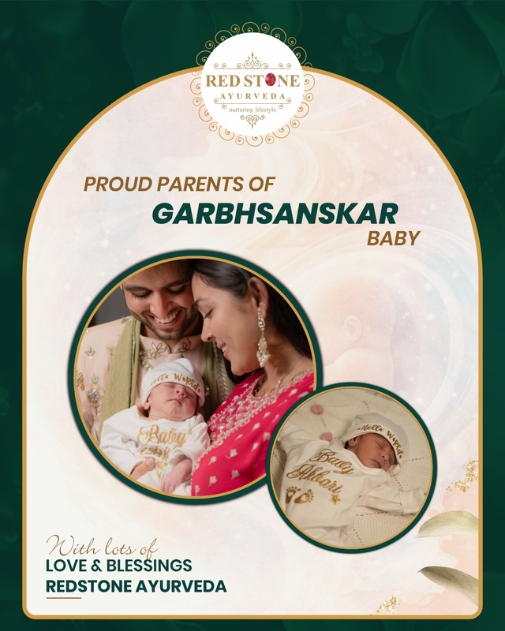 Parents and healthy newborn baby after Garbhsanskar journey with Red Stone Ayurveda