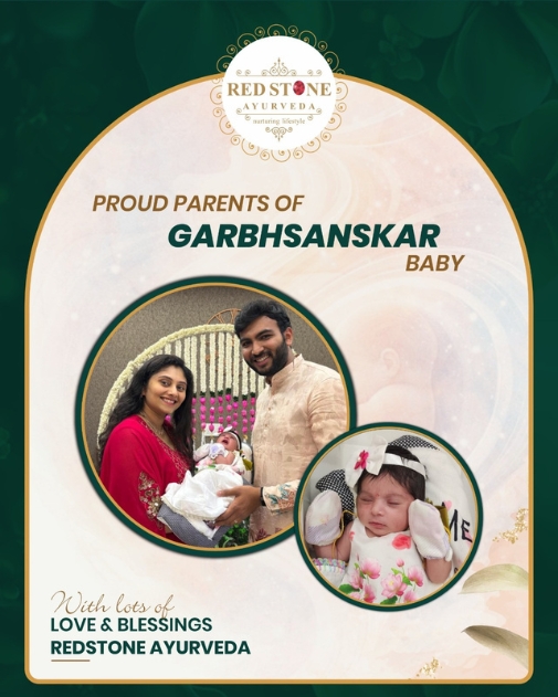 Couple and newborn baby celebrating parenthood with Red Stone Ayurveda Garbhsanskar