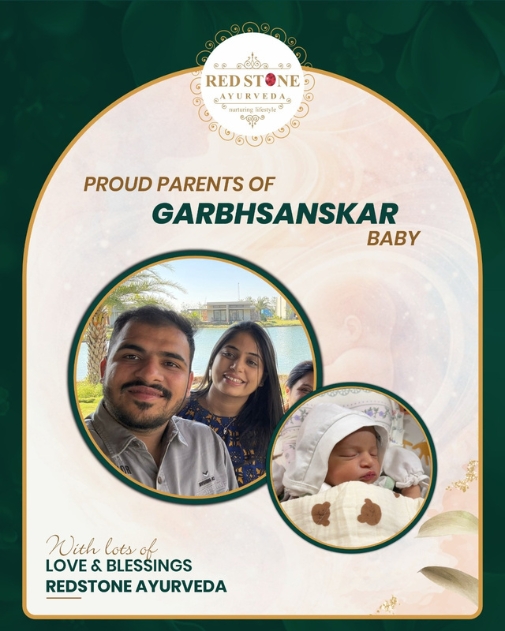 Happy family with newborn baby supported by Red Stone Ayurveda Garbhsanskar program